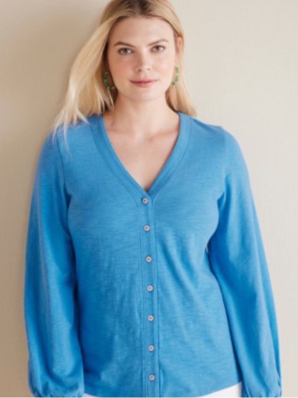 New Soft Surroundings Cotton Lorna Button Front ballon sleeve Top in Blue small
